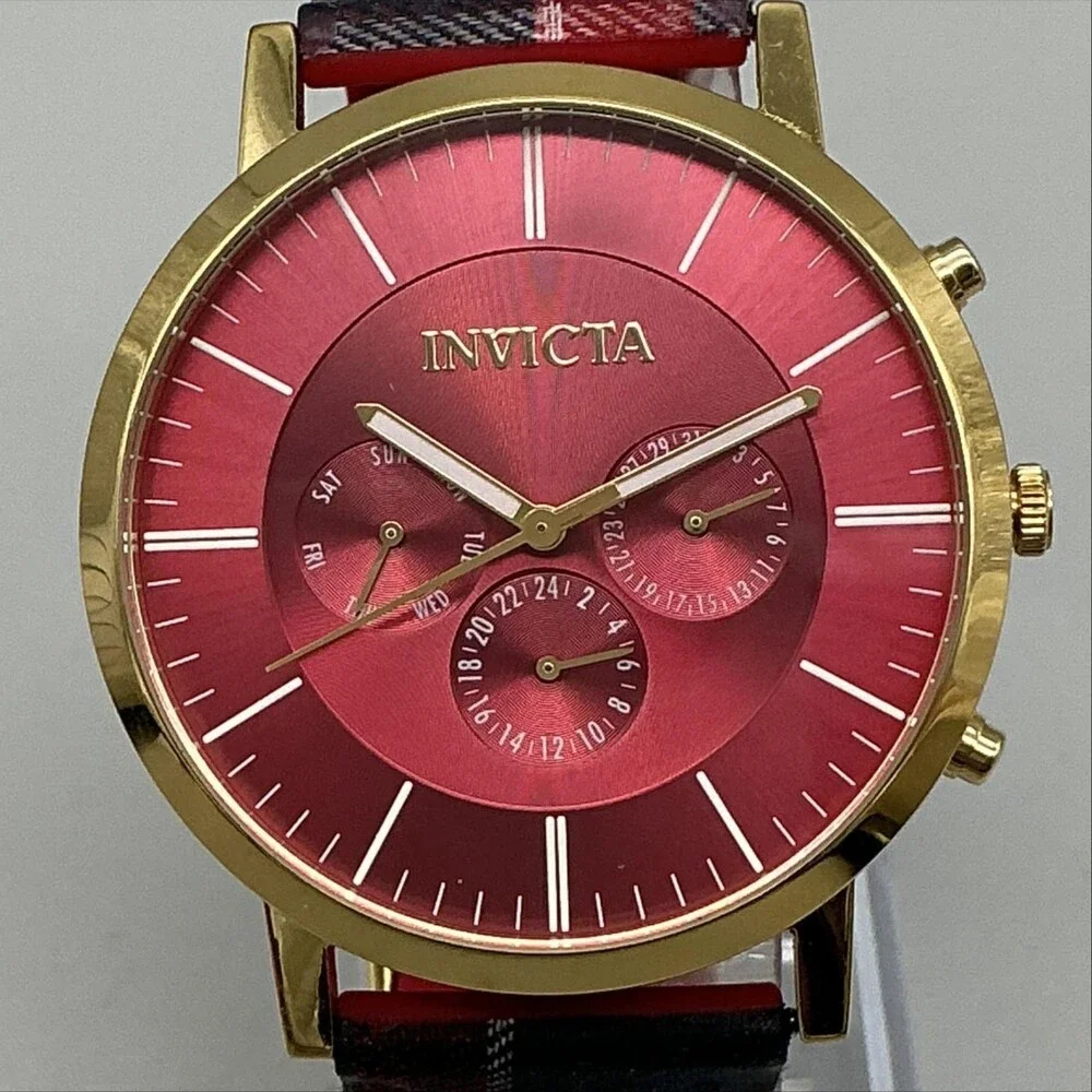 Invicta 20079 Mens Watch 44mm Red Dial Gold Tone Plaid Strap New Battery